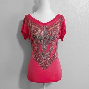 2000s Angels & Diamonds Y2K Pink Grunge Rhinestone Angel Wings Top | Size L